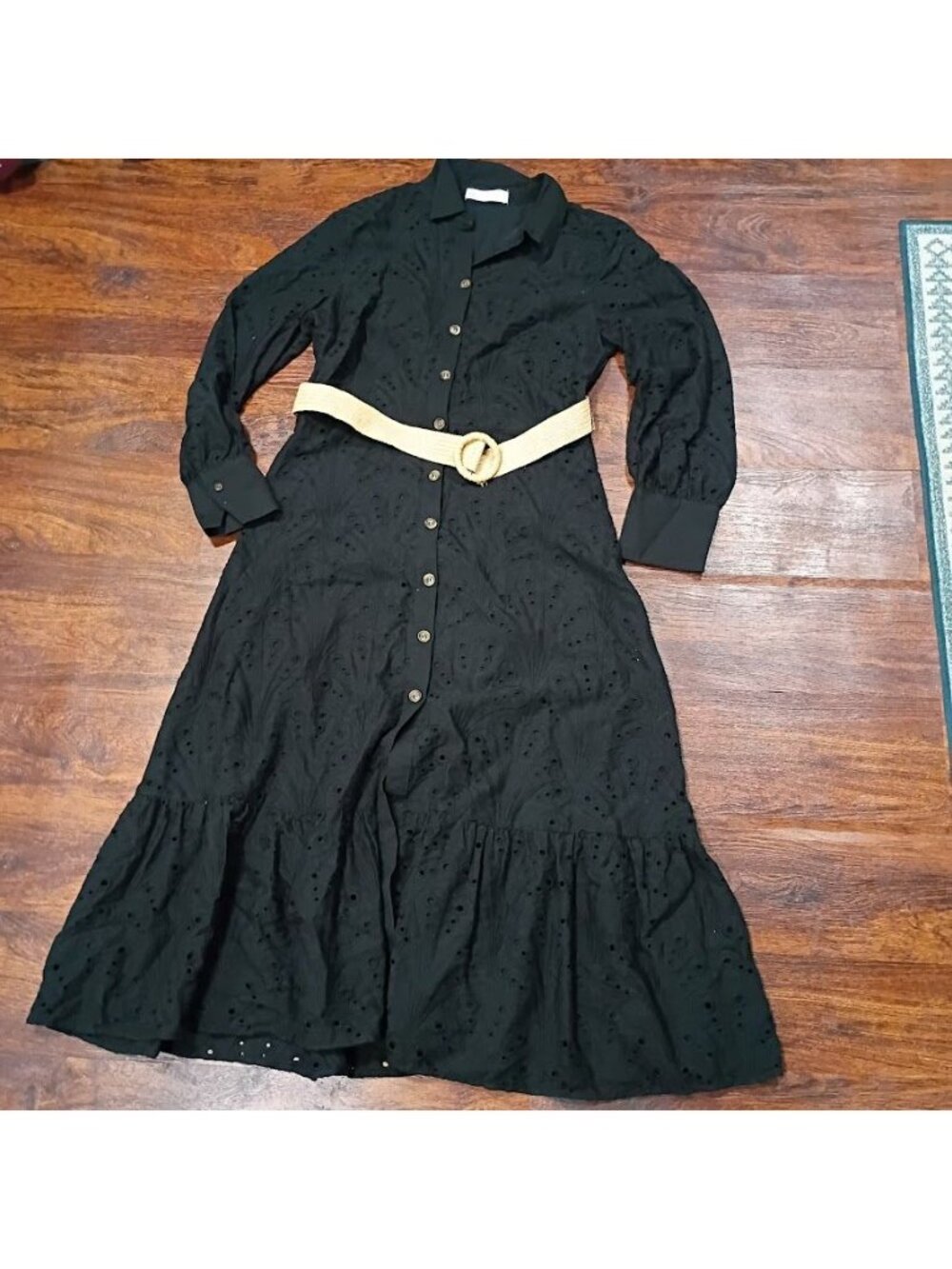 MNG Black Cottagecore Whimsy Boho Dress S With Eyelet Designs & Belted Preppy - Picture 10 of 15